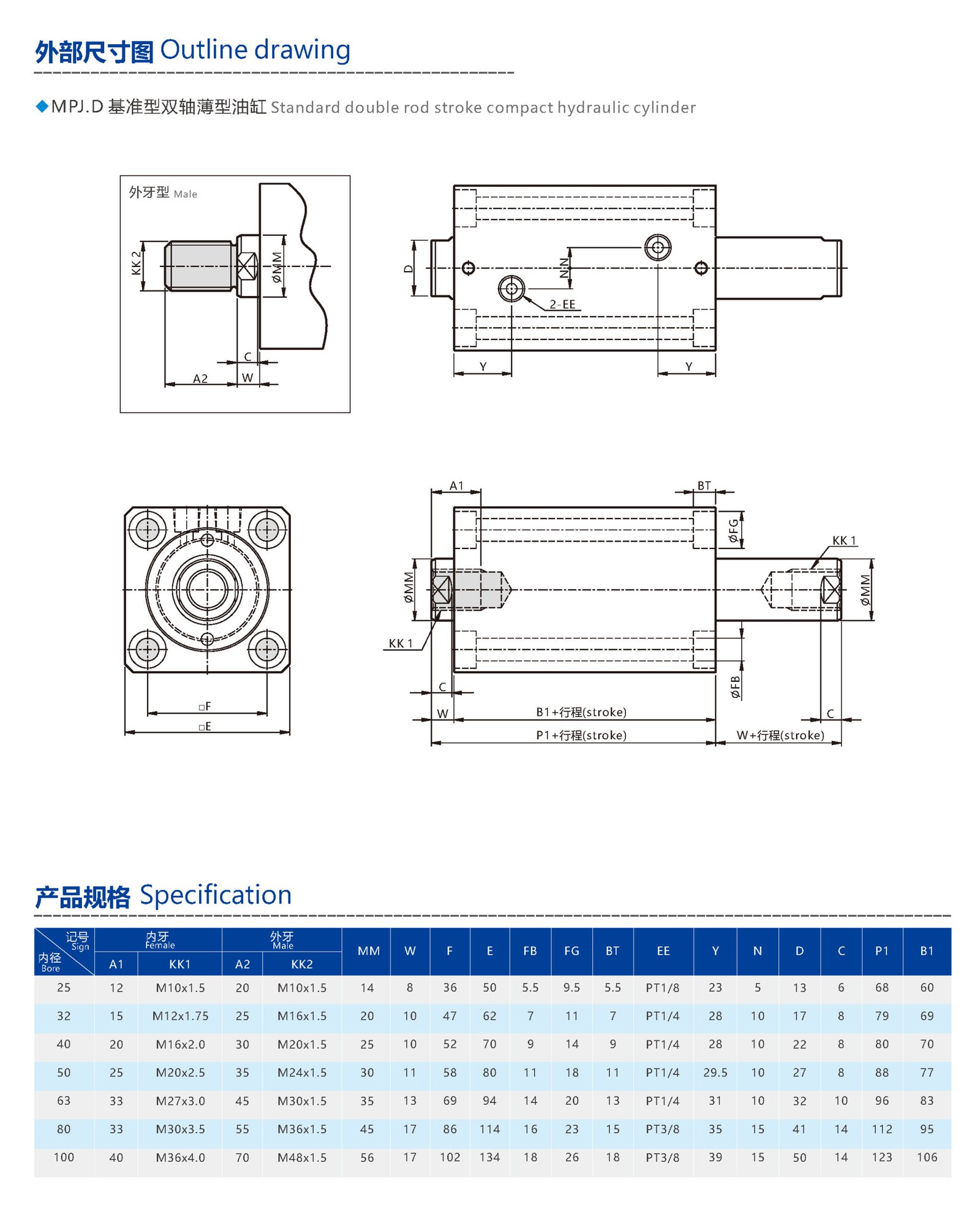 standard double rod stroke compact hydraulic cylinder