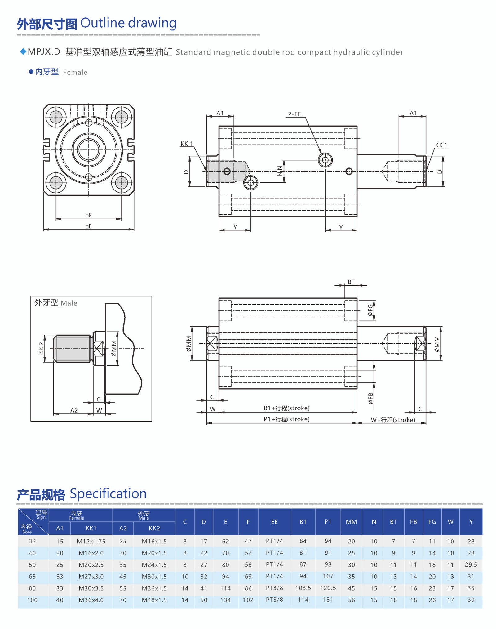 standard magnetic double rod compact hydraulic cylinder