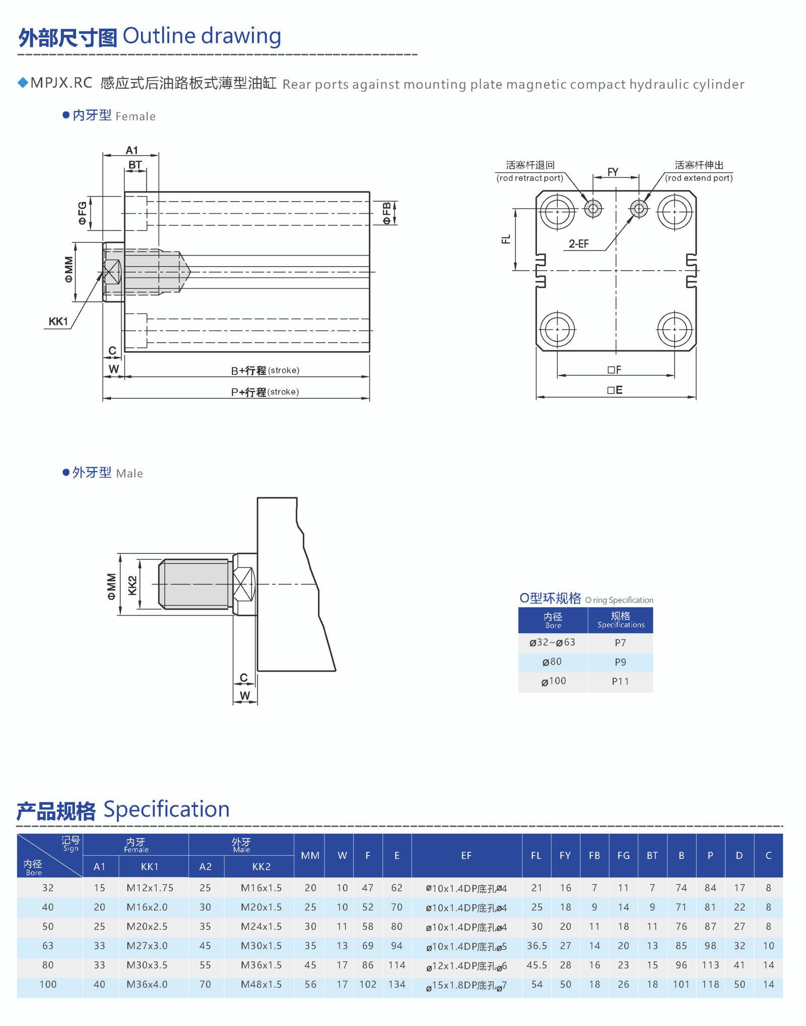 rear ports against mounting plate magnetic compact hydraulic cylinder