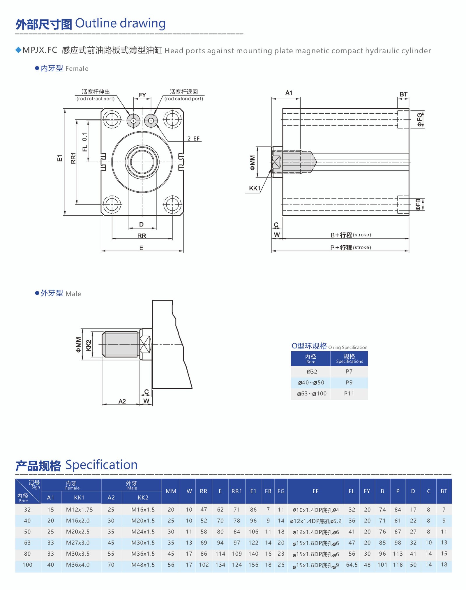 head ports against mounting plate magnetic compact hydraulic cylinder
