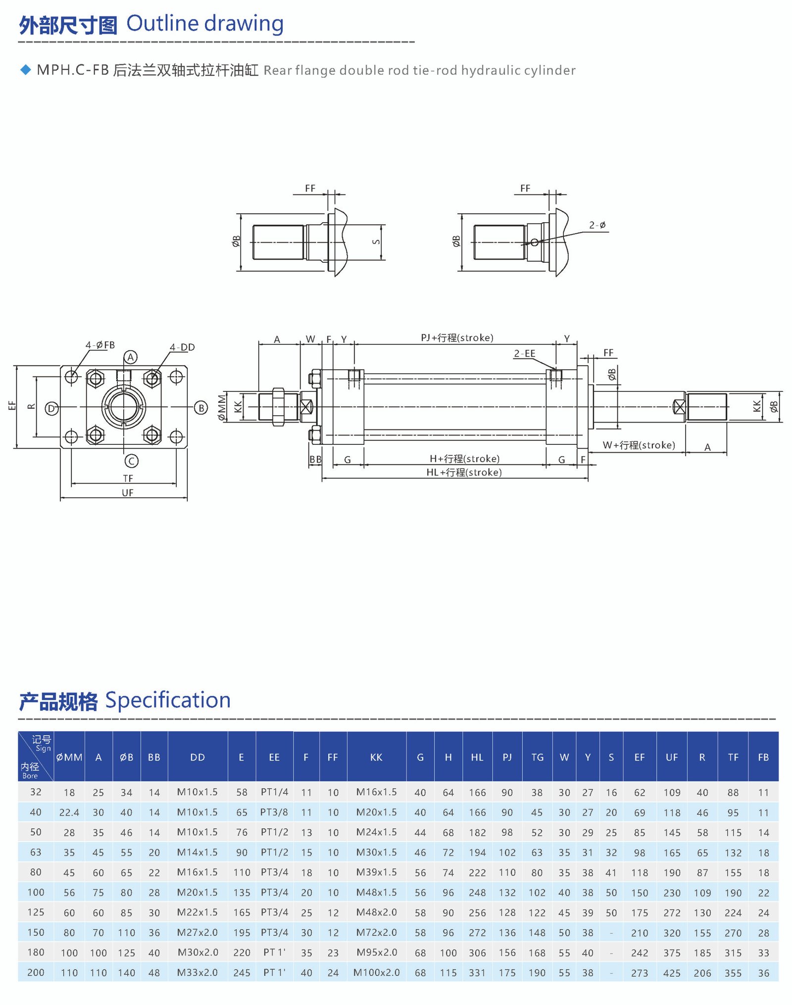rear flange double rod tie rod hydraulic cylinder