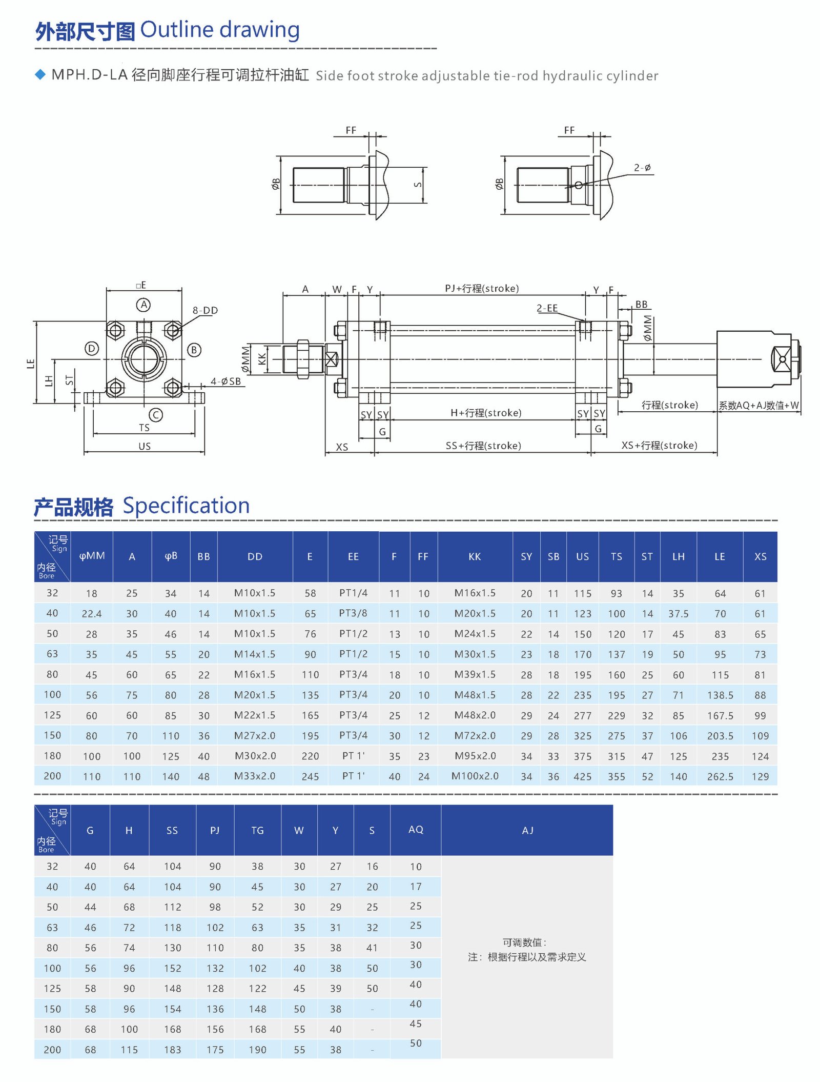side foot stroke adjustable tie rod hydraulic cylinder